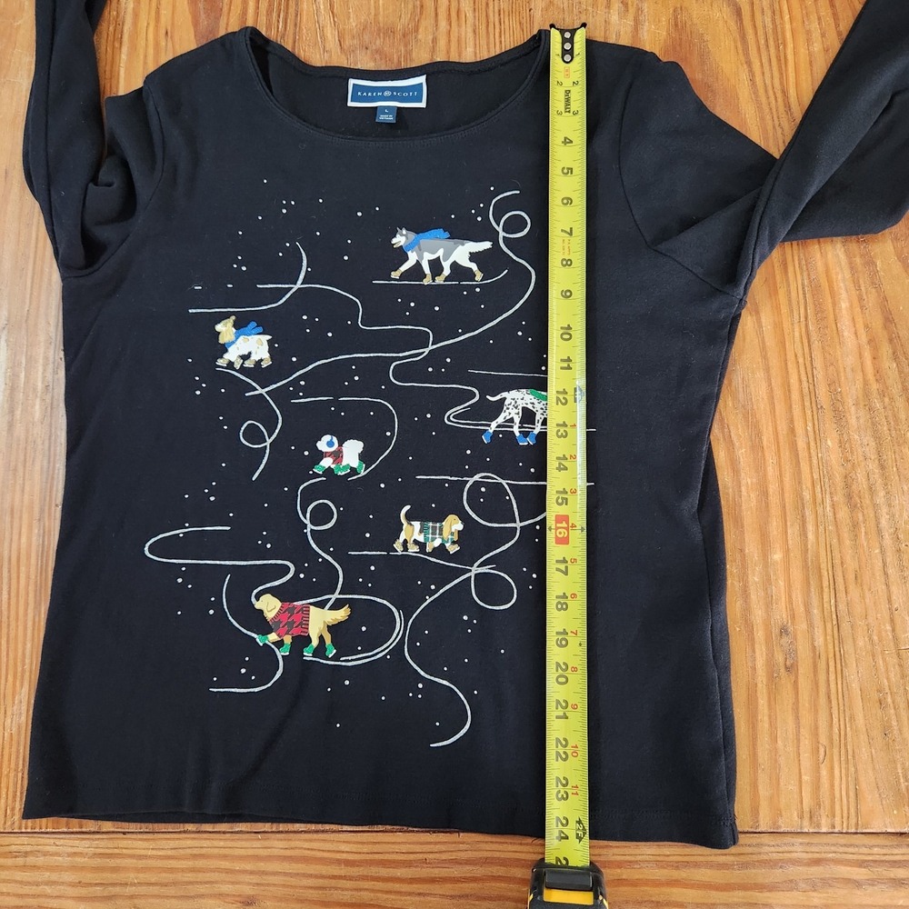 Ice Skating Dogs Cotton T-Shirt Large Black Glitter Whimsigoth Holiday Novelty - Picture 5 of 10